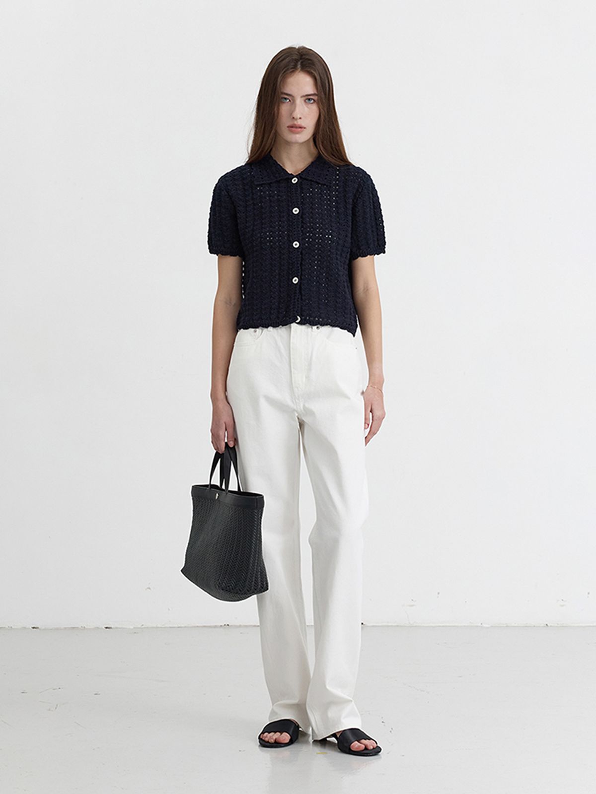 던스트(DUNST) UNISEX OPEN COLLAR CROCHET CARDIGAN_UDSW5B123_FRENCH NAVY