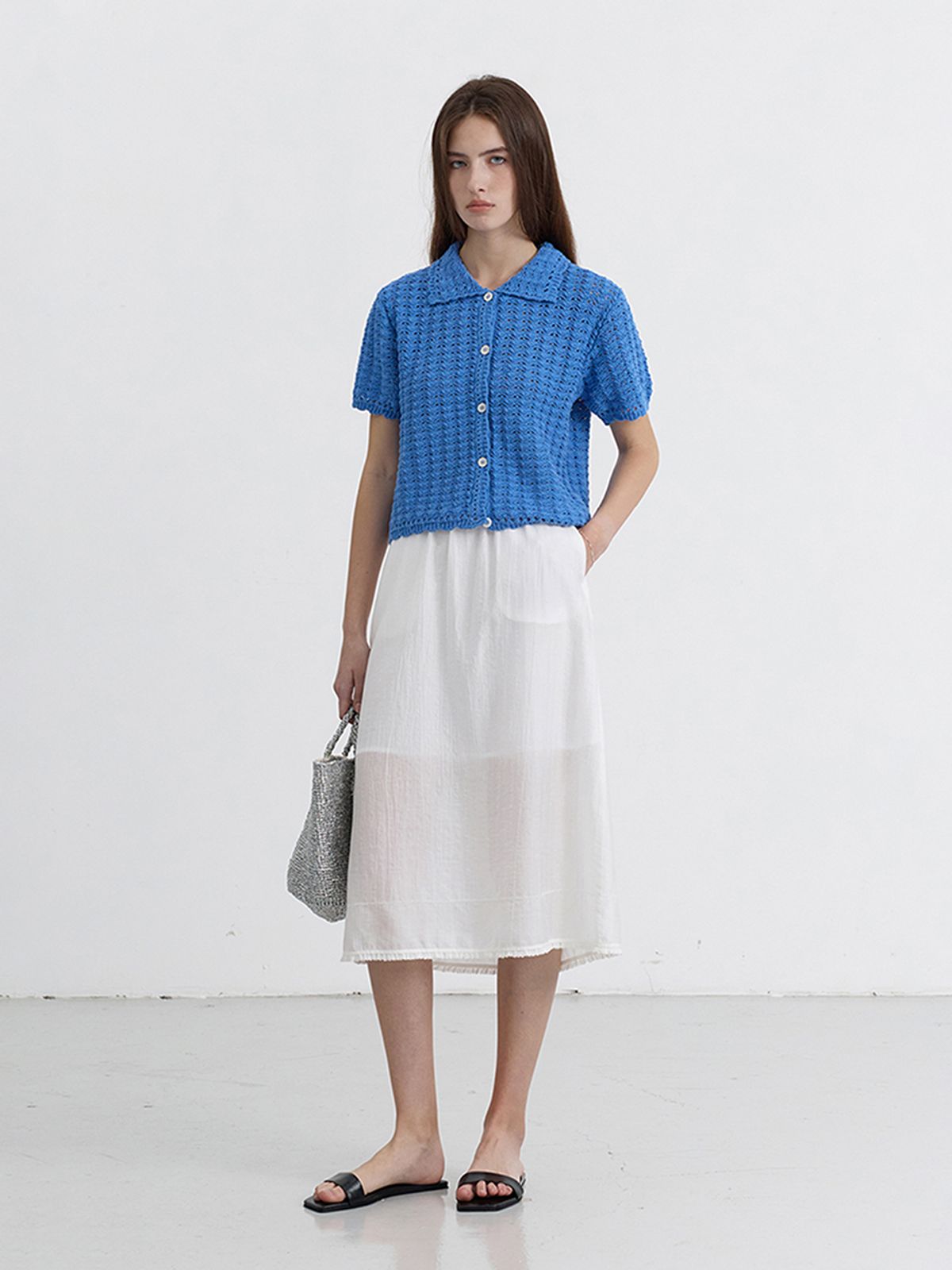 던스트(DUNST) UNISEX OPEN COLLAR CROCHET CARDIGAN_UDSW5B123_BLUE