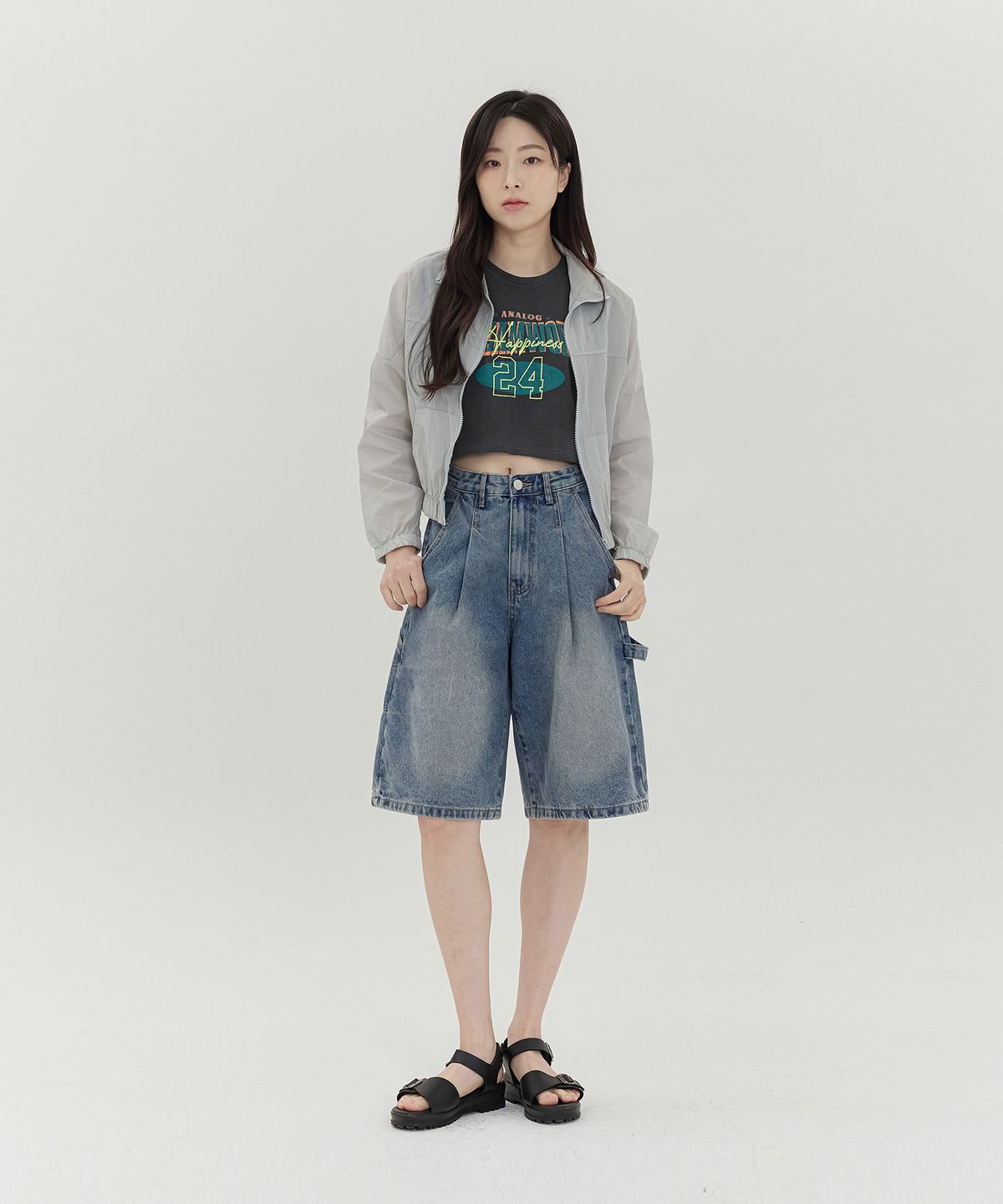 아크시(ACSHI) 빈티지 카펜터 오버핏 5부 데님 팬츠 유니섹스 (블루)