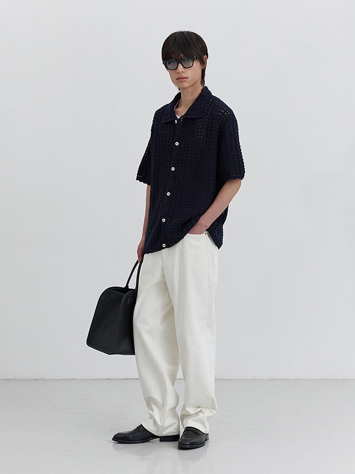 던스트 포 맨(DUNST FOR MEN) OPEN COLLAR CROCHET CARDIGAN_UNISEX_UDSW5B123_FRENCH NAVY