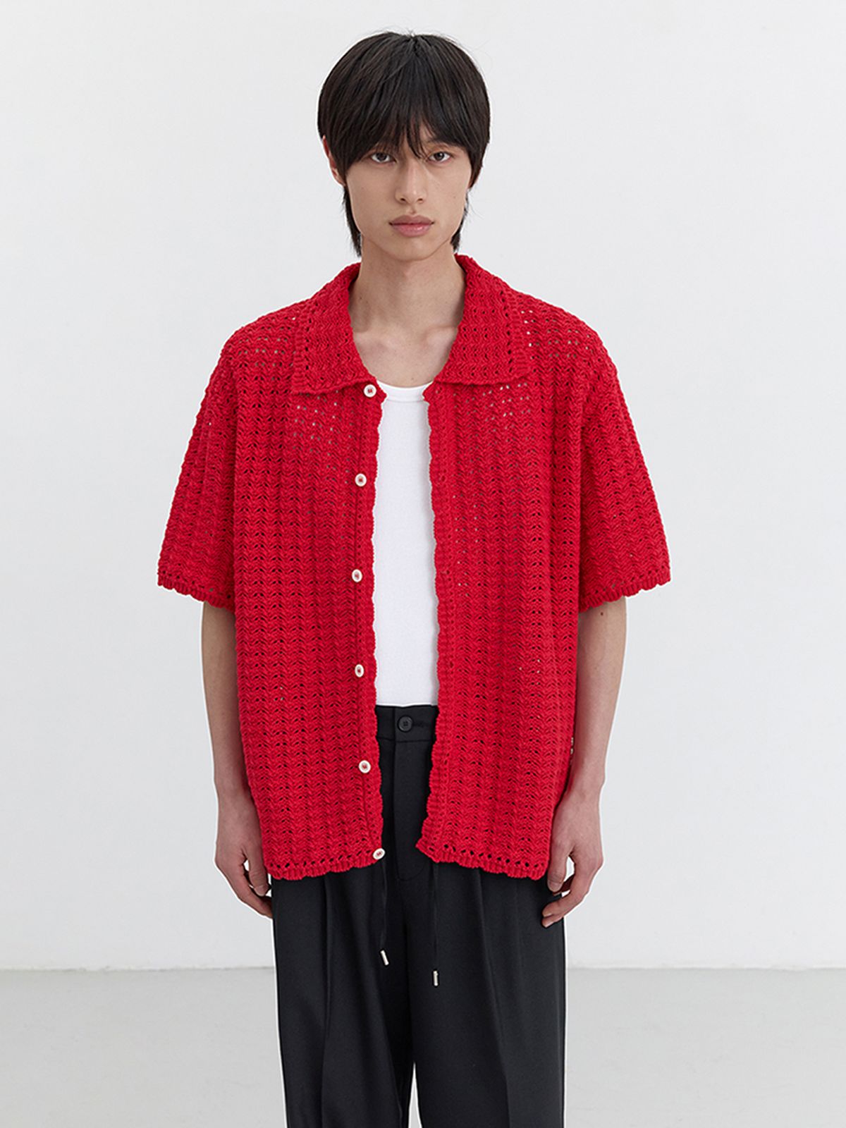 던스트 포 맨(DUNST FOR MEN) OPEN COLLAR CROCHET CARDIGAN_UNISEX_UDSW5B123_RED