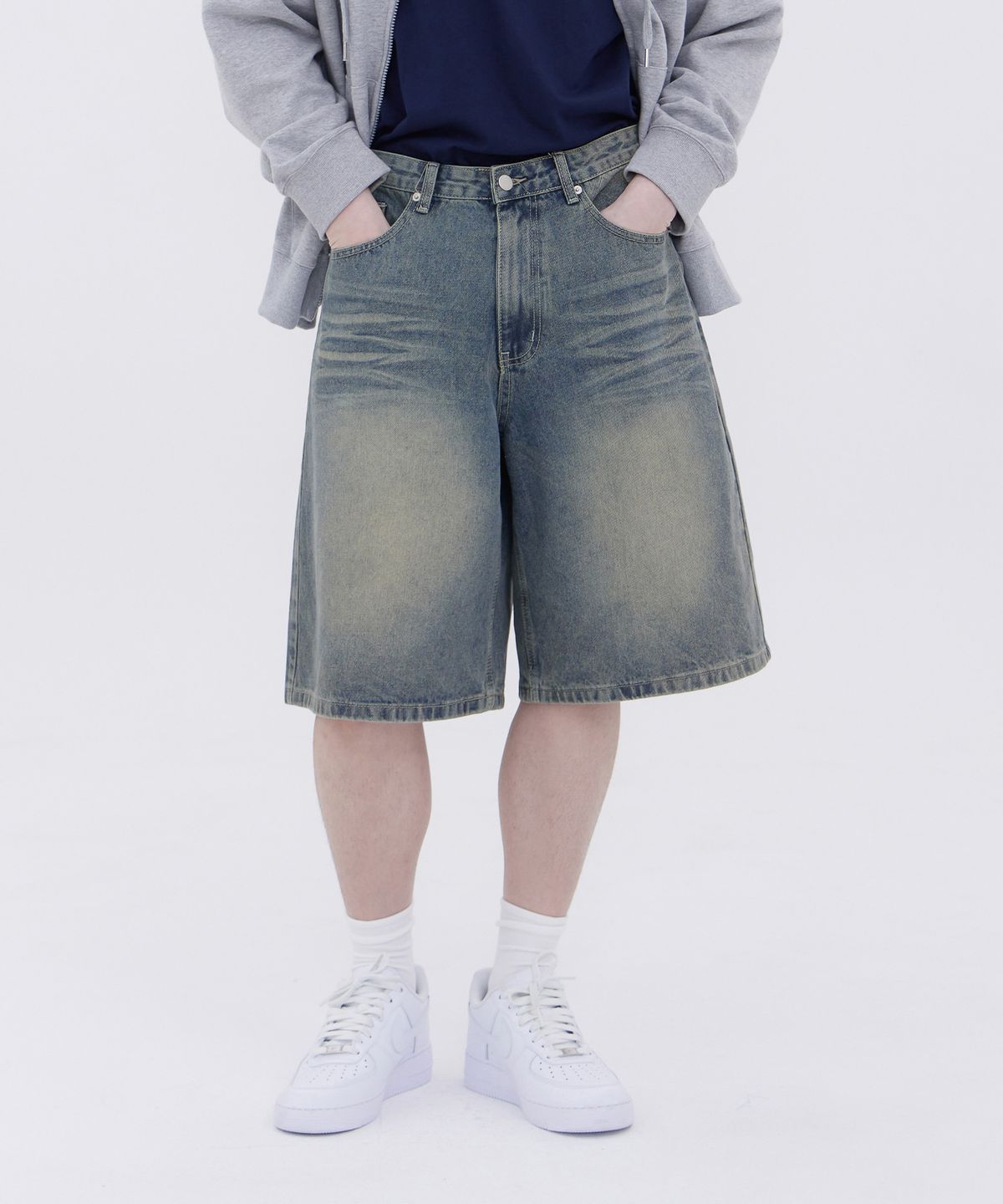 아크시(ACSHI) 빈티지 워싱 스트릿 오버핏 5부 데님 팬츠 유니섹스 (블루)