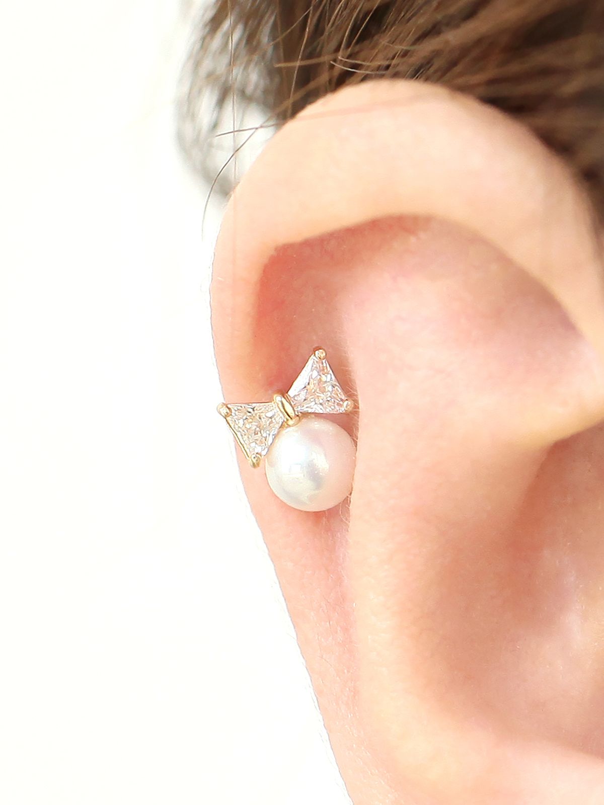 미니멀피어싱(MINIMALPIERCING) 14K 큐빅 리본 진주 피어싱 귀걸이