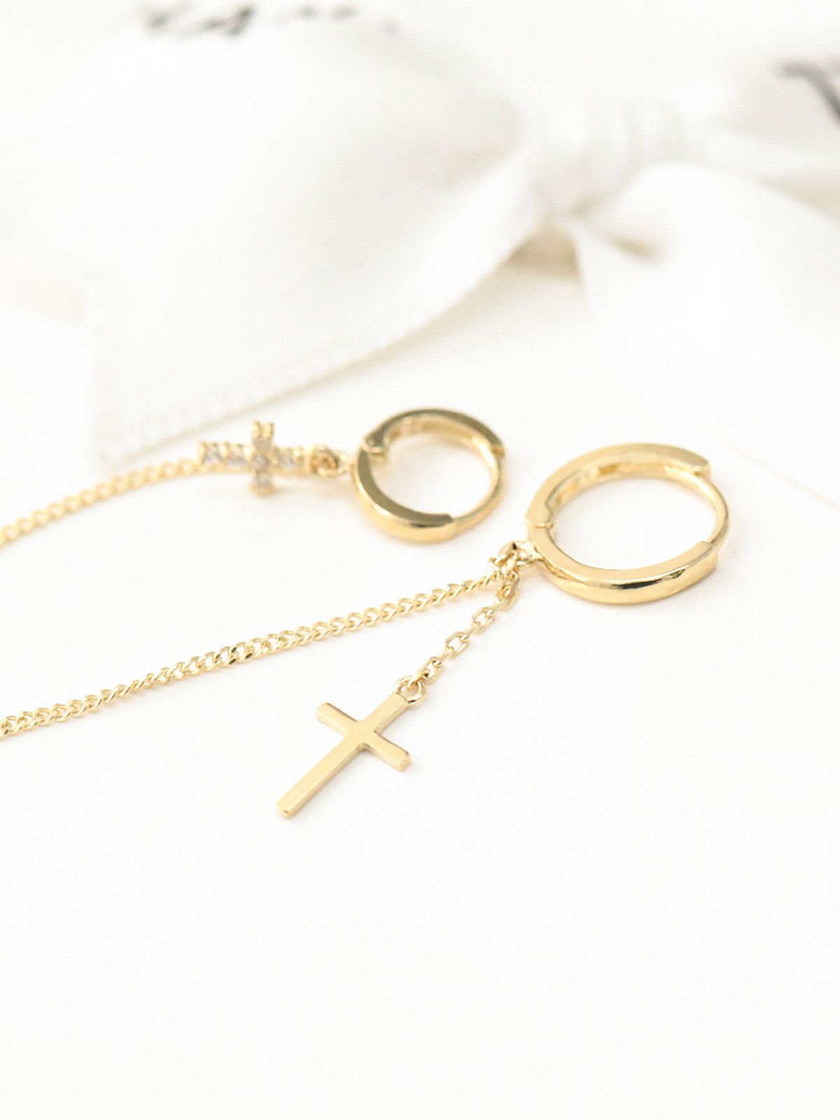 미니멀피어싱(MINIMALPIERCING) 14K 십자가 투 링 레이어드 드롭 귀걸이