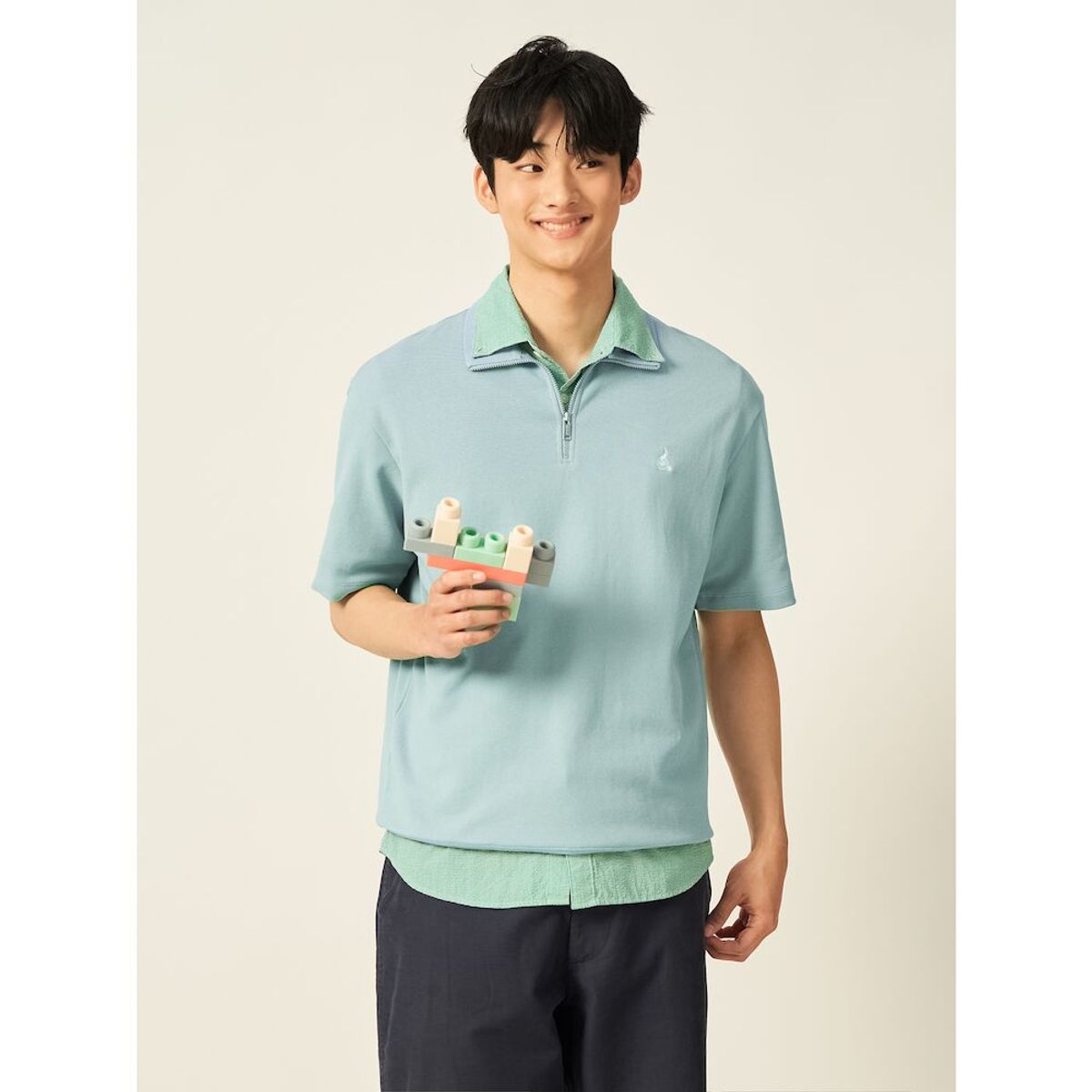빈폴 멘(BEANPOLE MEN) 강연 밀라노 하프집업 스웨트 반소매 티셔츠  라이트 그린 (BC5442C19L)
