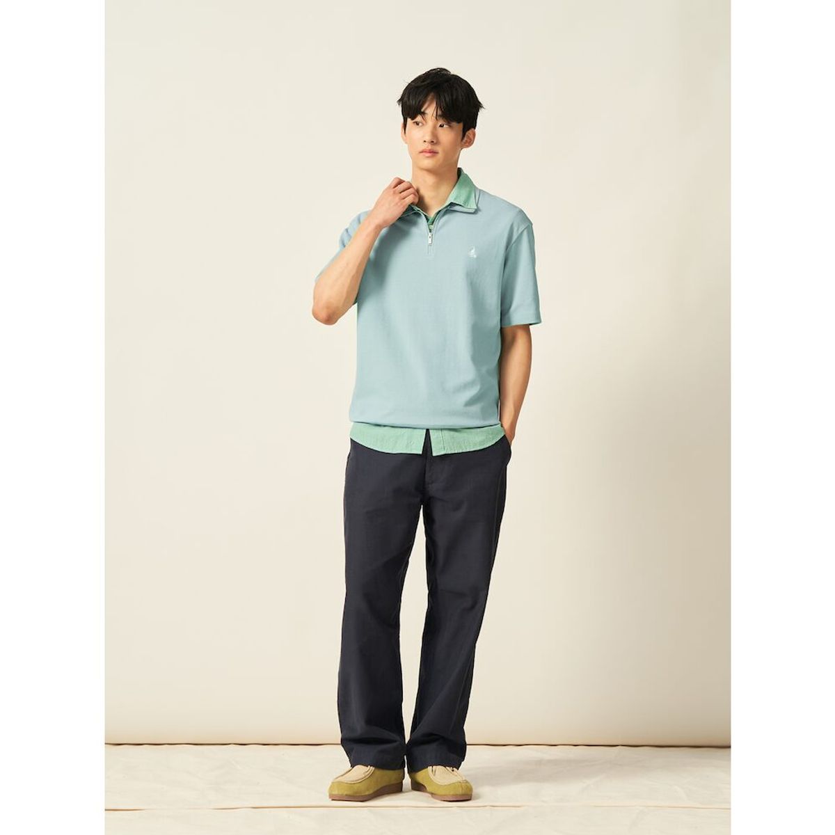 빈폴 멘(BEANPOLE MEN) 강연 밀라노 하프집업 스웨트 반소매 티셔츠  라이트 그린 (BC5442C19L)
