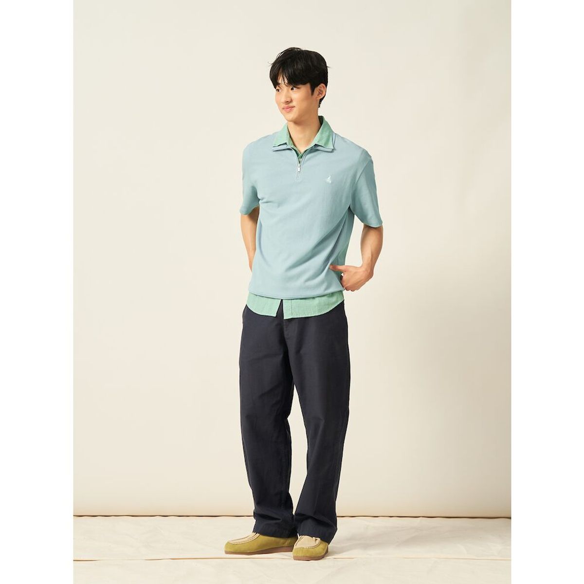 빈폴 멘(BEANPOLE MEN) 강연 밀라노 하프집업 스웨트 반소매 티셔츠  라이트 그린 (BC5442C19L)