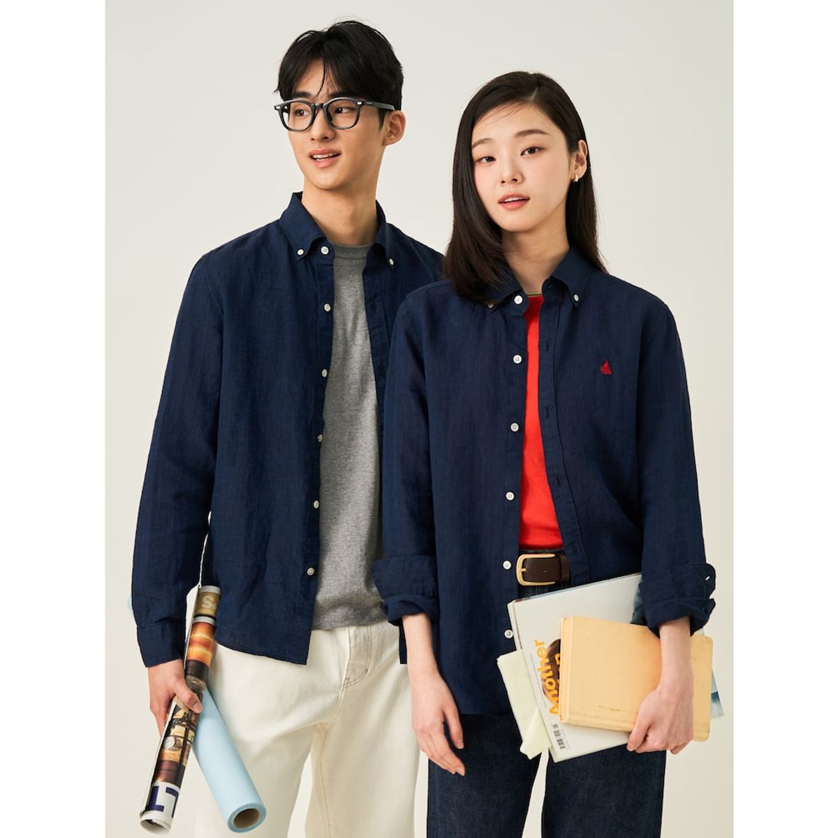 빈폴 멘(BEANPOLE MEN) 남녀공용 리넨 솔리드 셔츠  네이비