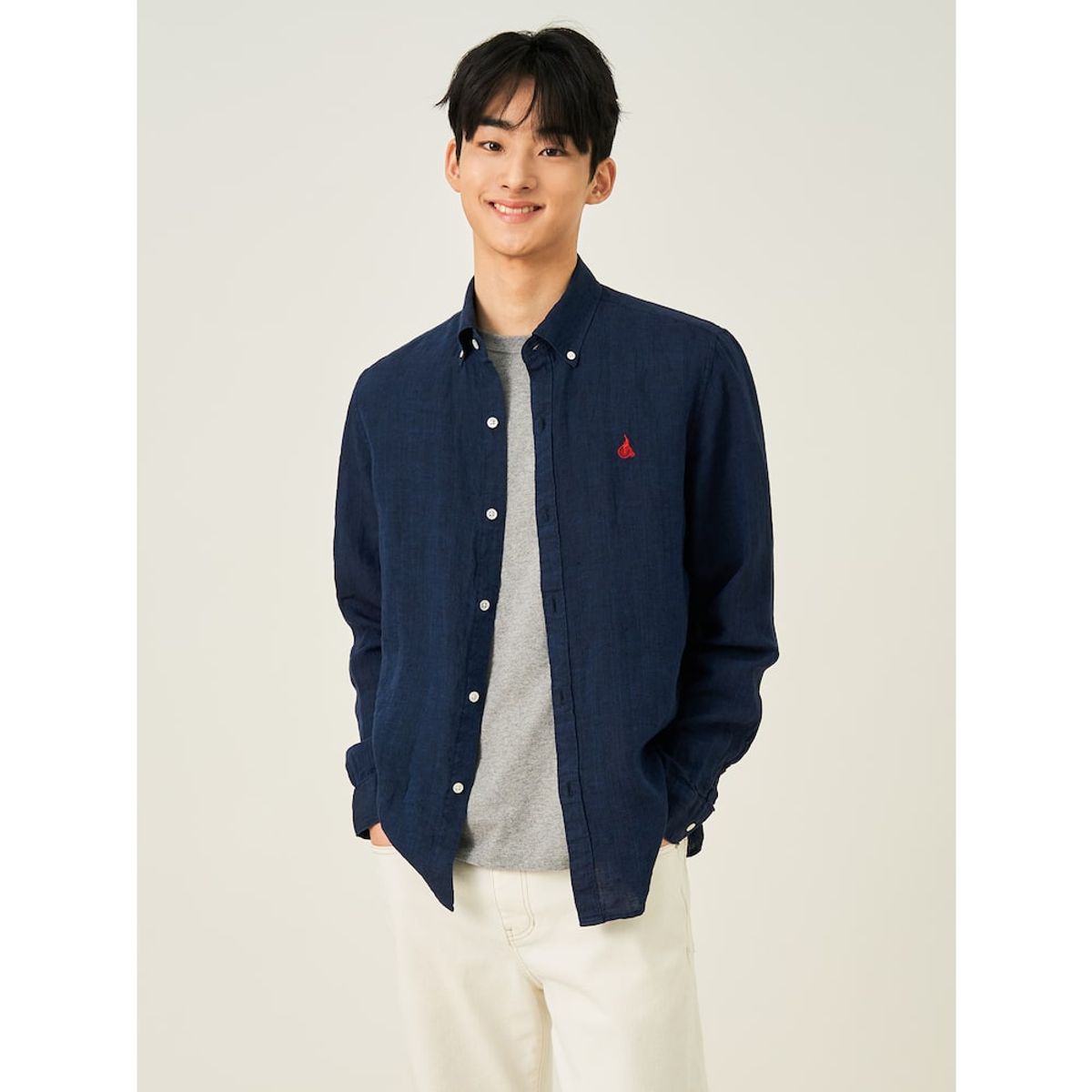 빈폴 멘(BEANPOLE MEN) 남녀공용 리넨 솔리드 셔츠  네이비