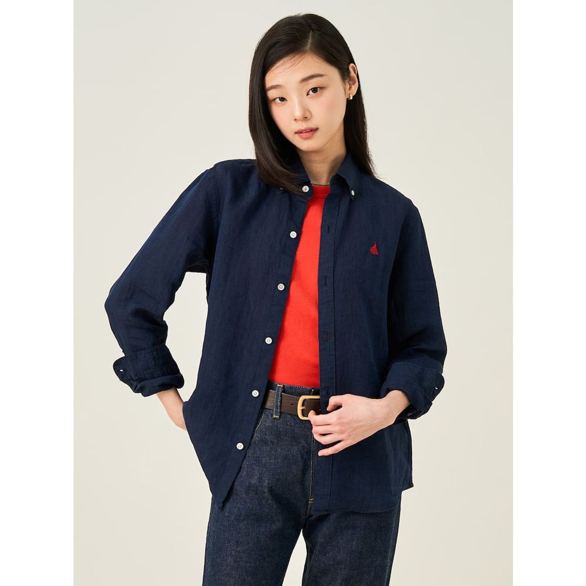 빈폴 멘(BEANPOLE MEN) 남녀공용 리넨 솔리드 셔츠  네이비