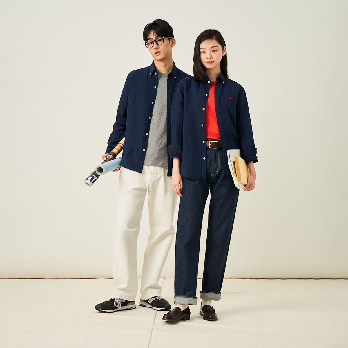 빈폴 멘(BEANPOLE MEN) 남녀공용 리넨 솔리드 셔츠  네이비