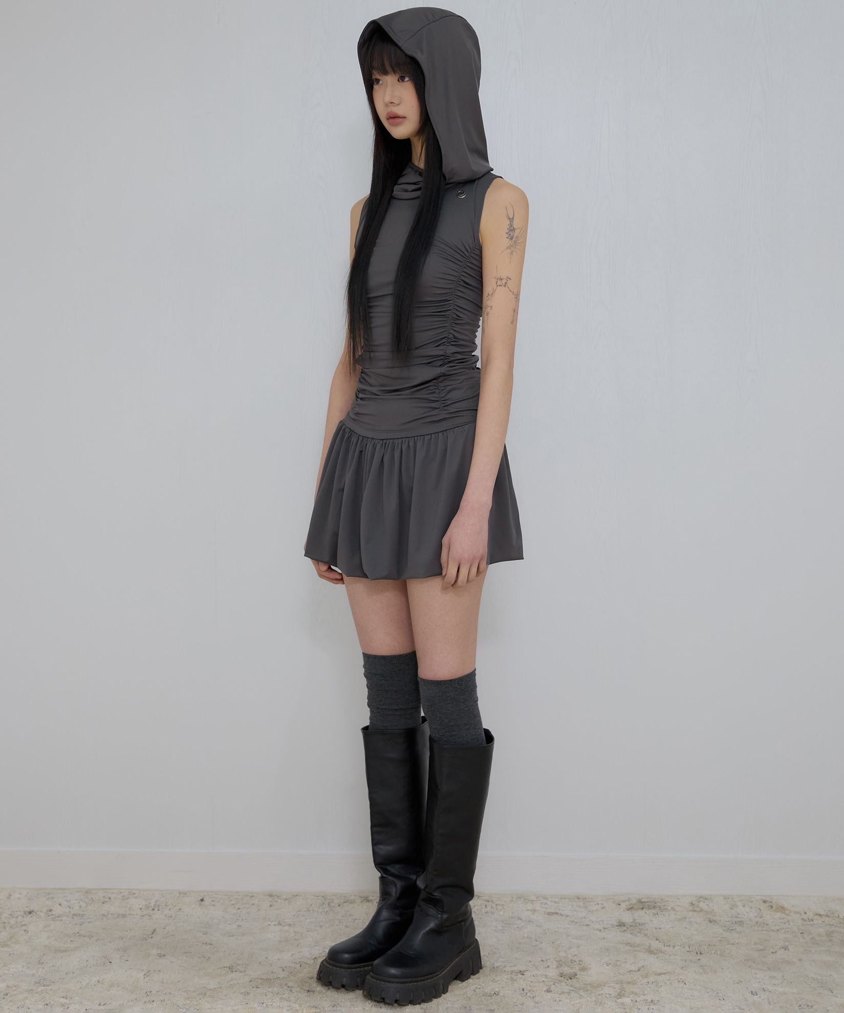 ●FLARE UP● Hooded High Neck Dress FL-155 (4色) Hooded High Neck Dress (FL-155_Gray) - FLAREUP | 60% - Asian