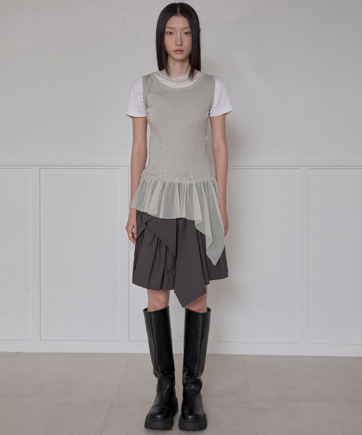 플레어업(FLAREUP) Layered Lace Frill Sleeveless (FL-157_Gray)