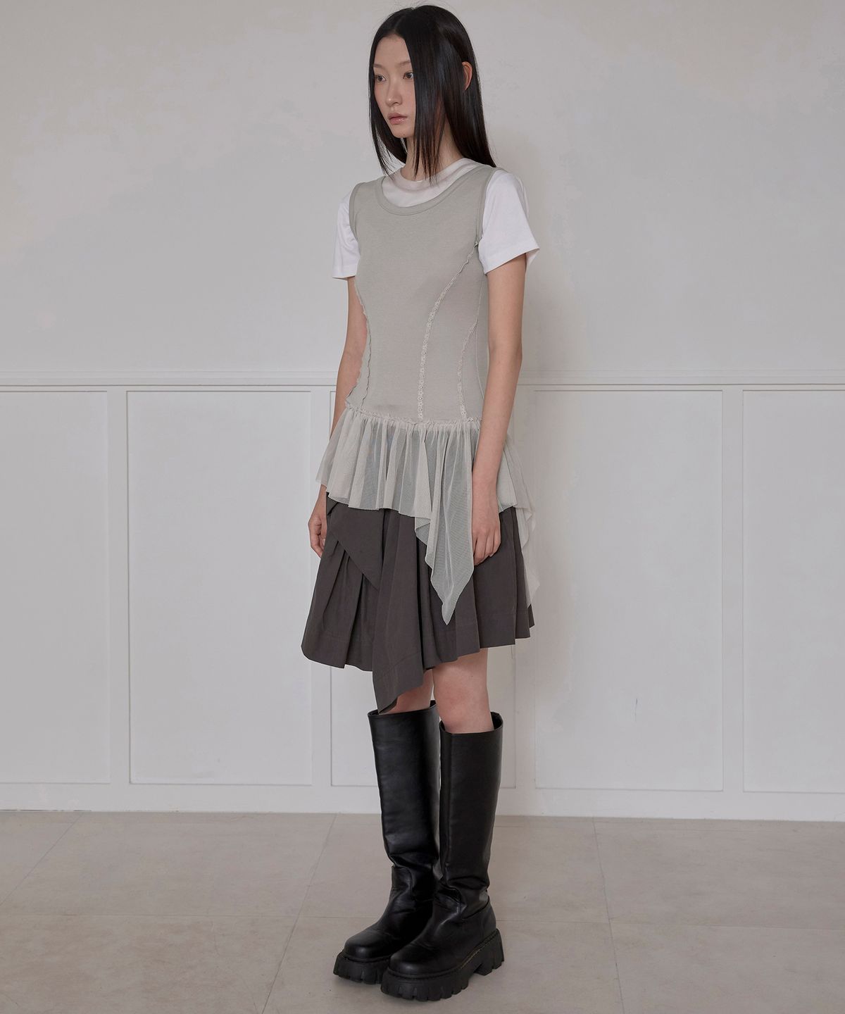 플레어업(FLAREUP) Layered Lace Frill Sleeveless (FL-157_Gray)