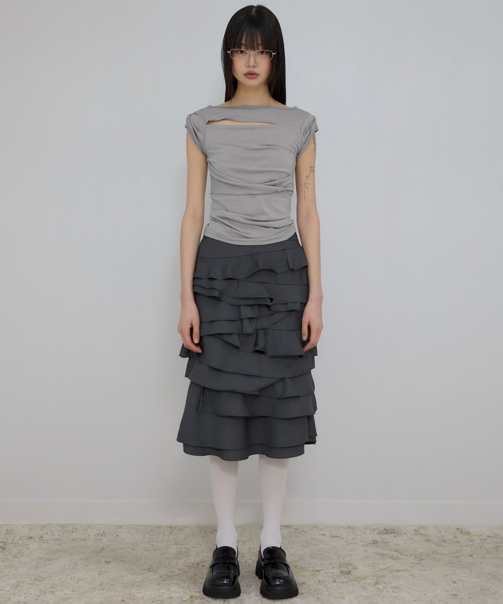 MUSINSA | FLAREUP Asymmetrical Draped Roll-Up T-Shirt (FL