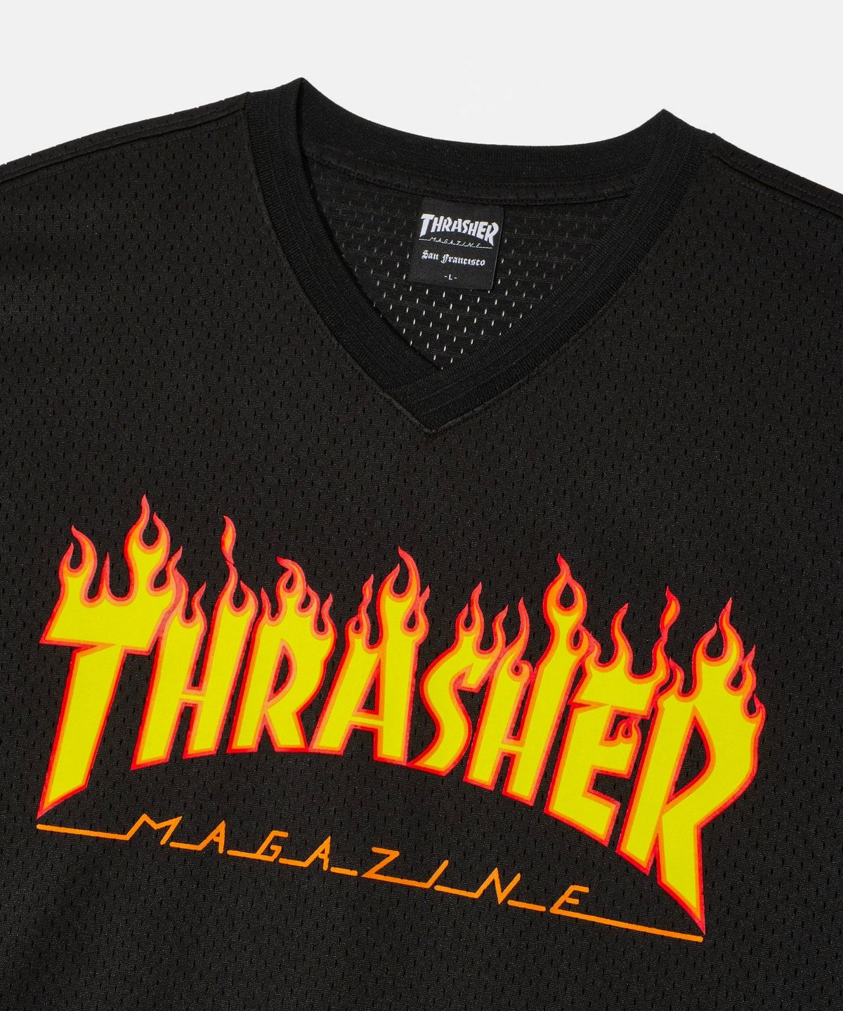 트레셔(THRASHER) 플레임 매쉬 브이넥 반팔 티셔츠 블랙