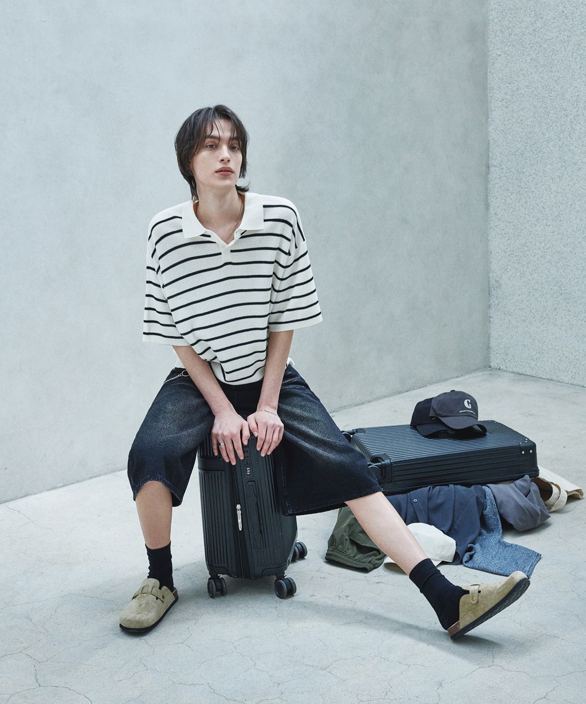 굿라이프웍스(GLW) 스트라이프 카라 하프 니트 아이보리