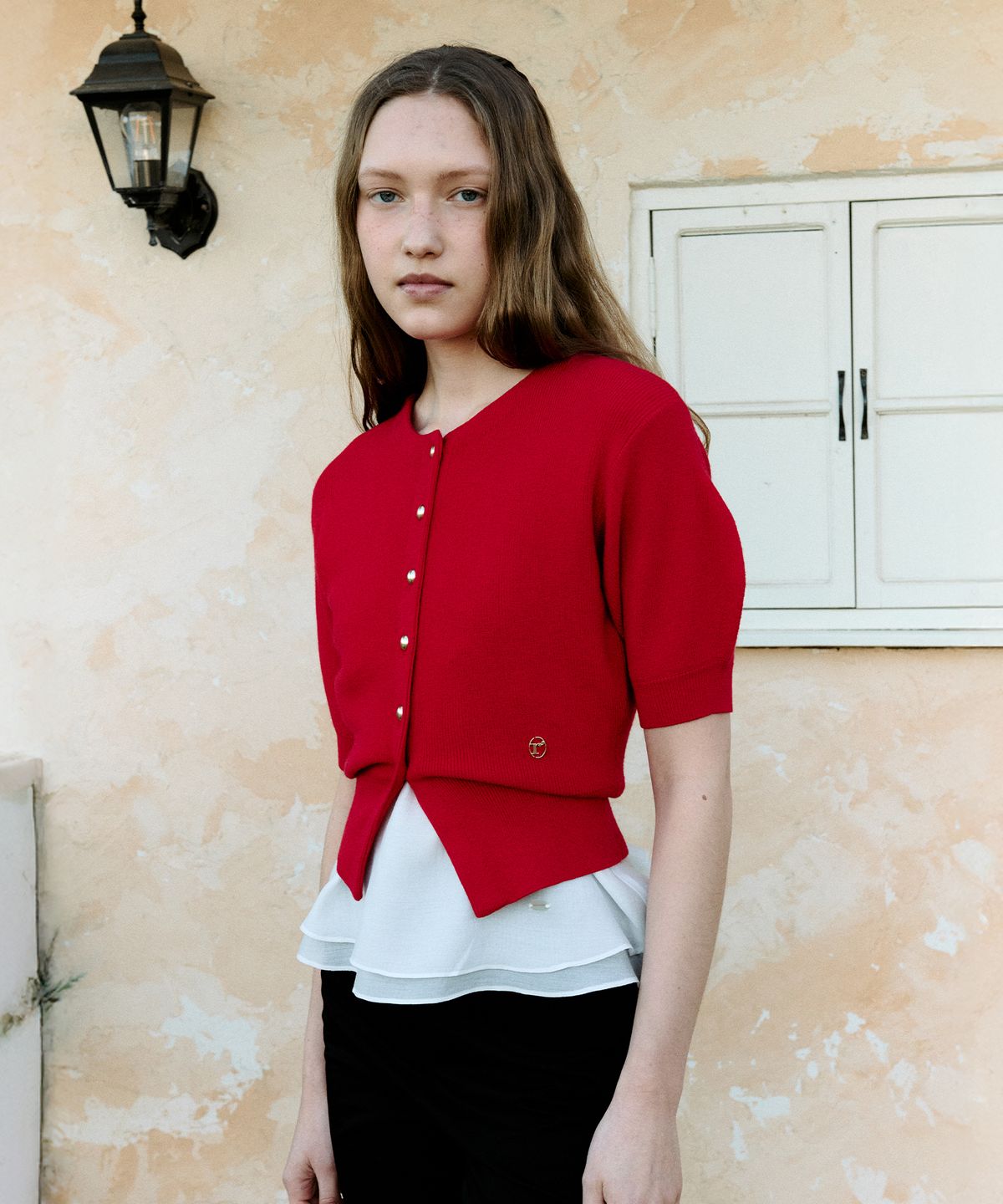 로라로라(ROLAROLA) VOLUME SLEEVE HALF CARDIGAN RED