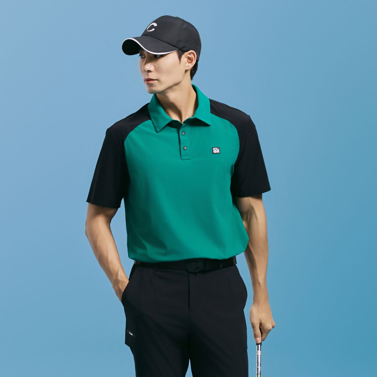 챌린저(CHALLENGER) 남성 에센셜 컬러블럭 트리코트 반팔 카라 티셔츠 그린