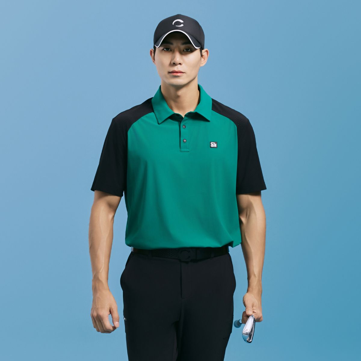 챌린저(CHALLENGER) 남성 에센셜 컬러블럭 트리코트 반팔 카라 티셔츠 그린
