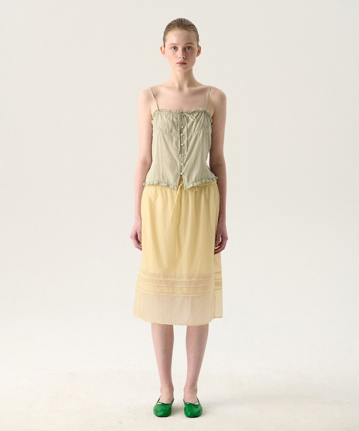 튜드먼트(TTUDEMENT) SHEER LAYERED MIDI SKIRT BUTTER