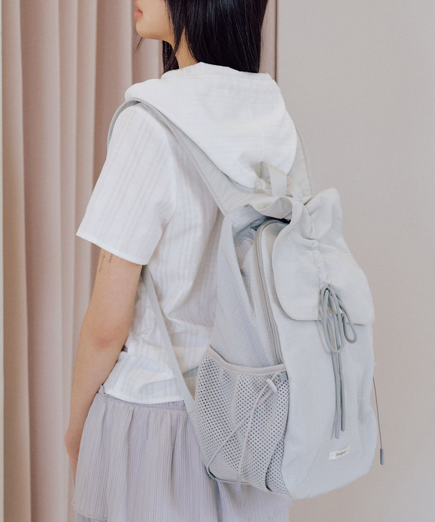 MUSINSA | ZEROPLANET Nylon Shirring Ribbon Backpack [GREY]