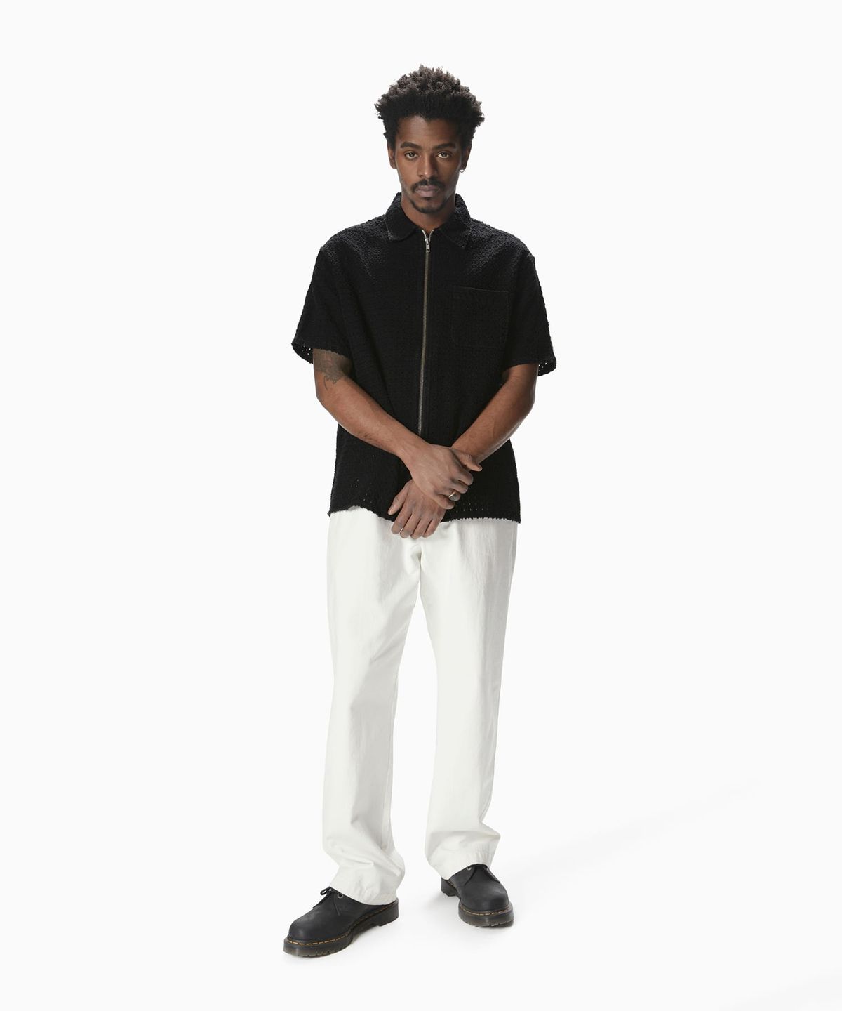 디스이즈네버댓(THISISNEVERTHAT) Damaged Denim Zip S/S Shirt Black