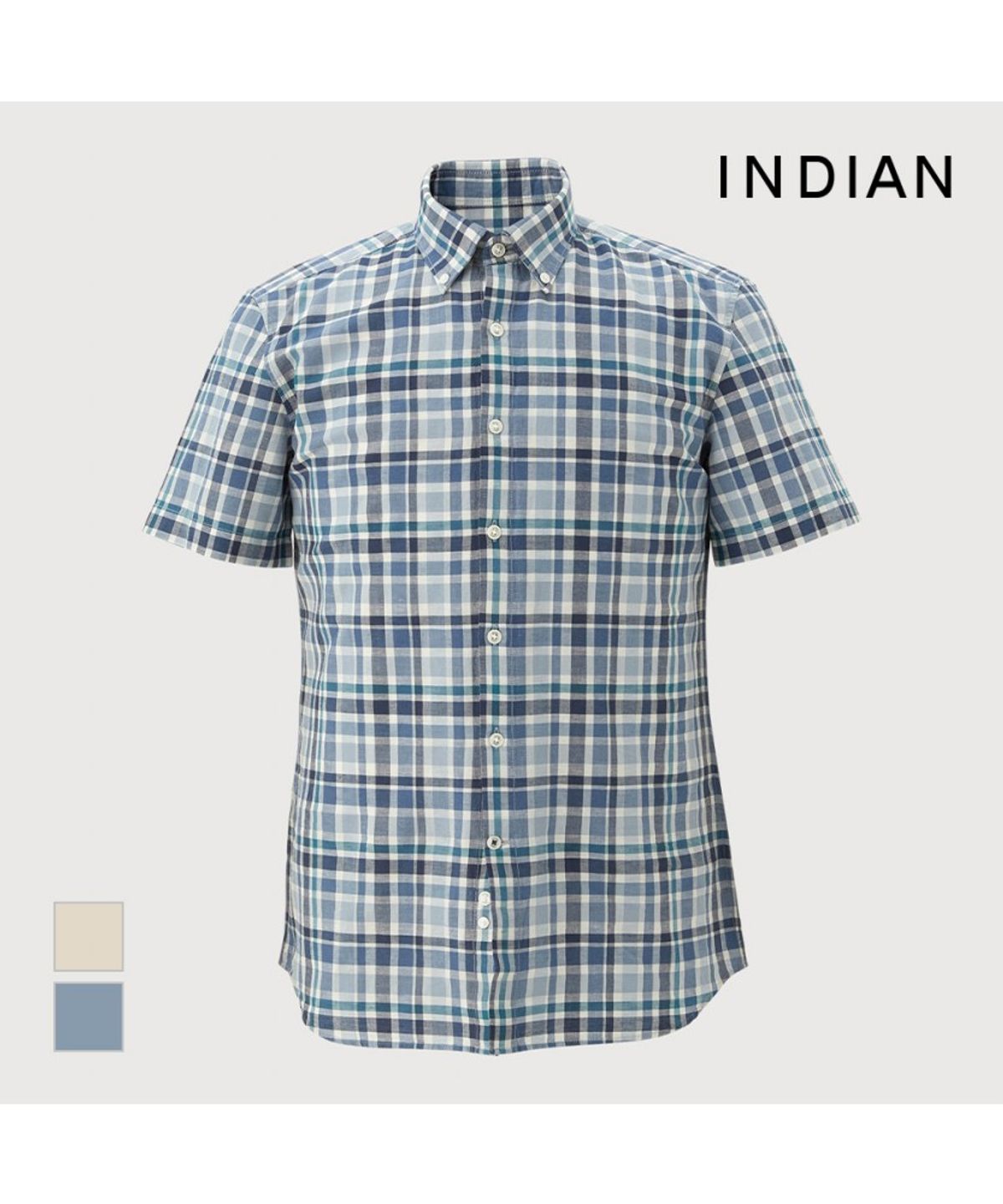 인디안(INDIAN) 린넨블랜드 미디움체크 반팔셔츠_MIUNSYM3271