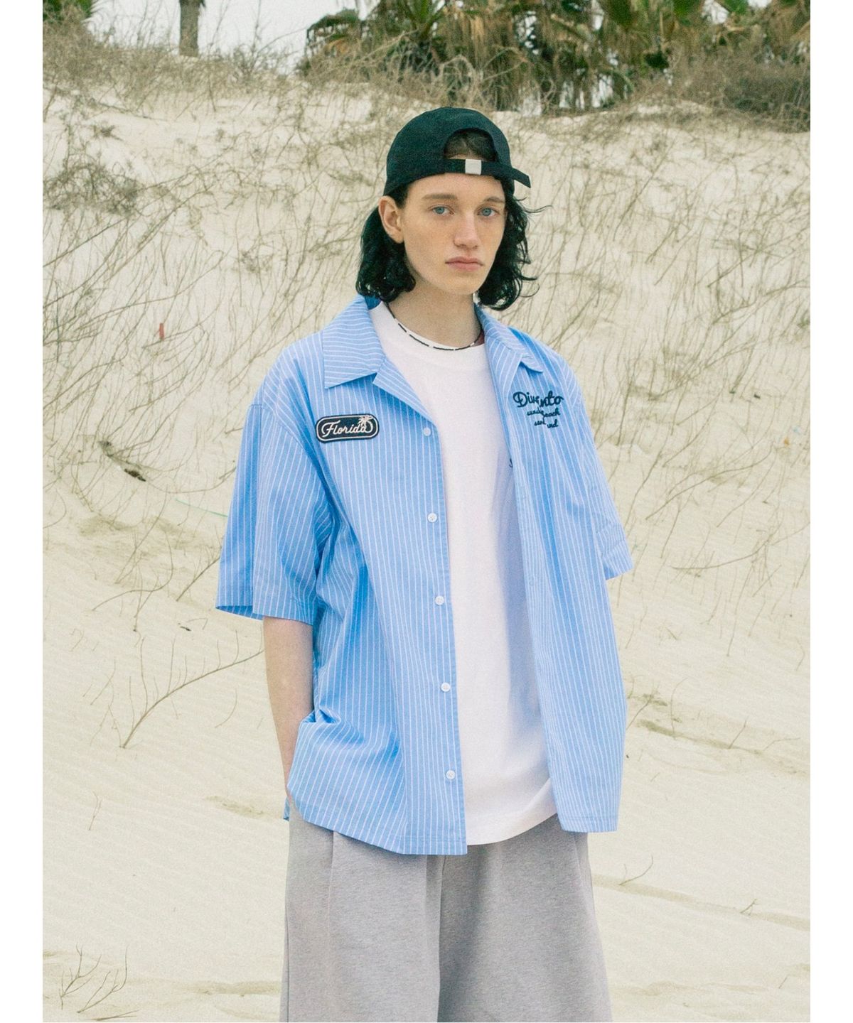 샌드 사운드(SAND SOUND) (UNISEX) 스트라이프 오픈카라 셔츠  라이트 블루