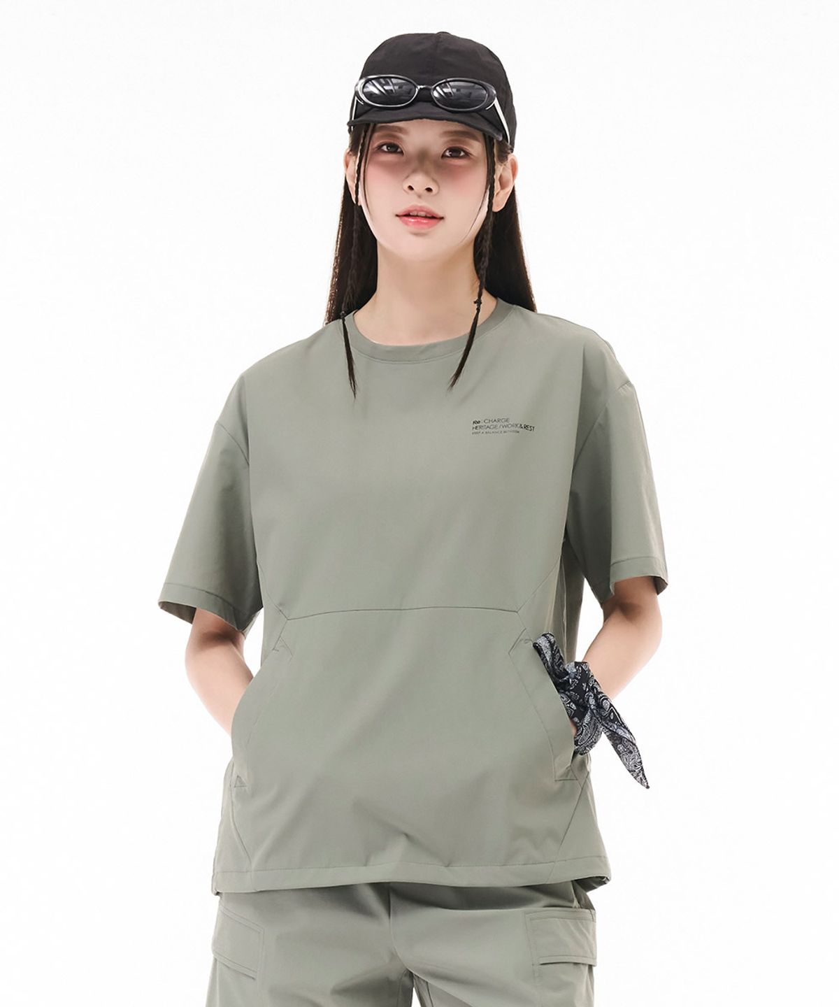 체이스컬트(CHASECULT) 공용 쿨 스트레치 포켓 반팔 티셔츠-카키