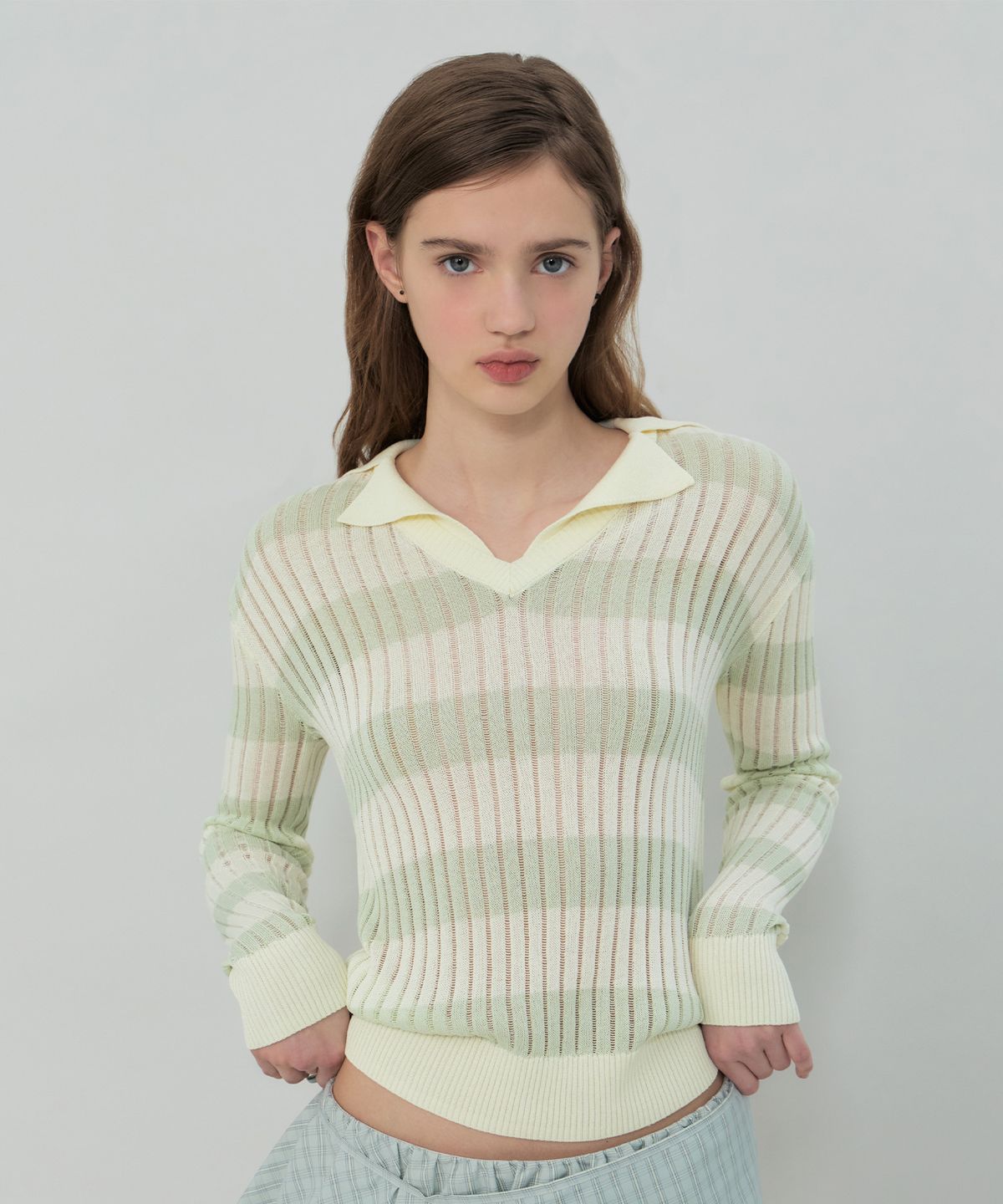 그로브(GROVE) FLAVIA STRIPE COLLAR KNIT (MINT)