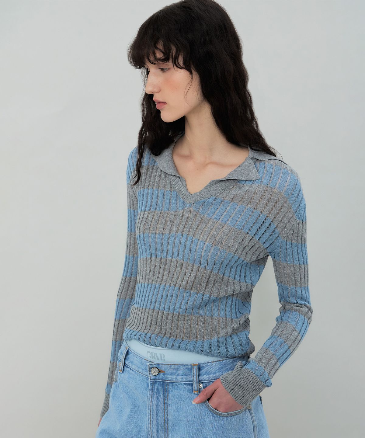 그로브(GROVE) FLAVIA STRIPE COLLAR KNIT (BLUE)