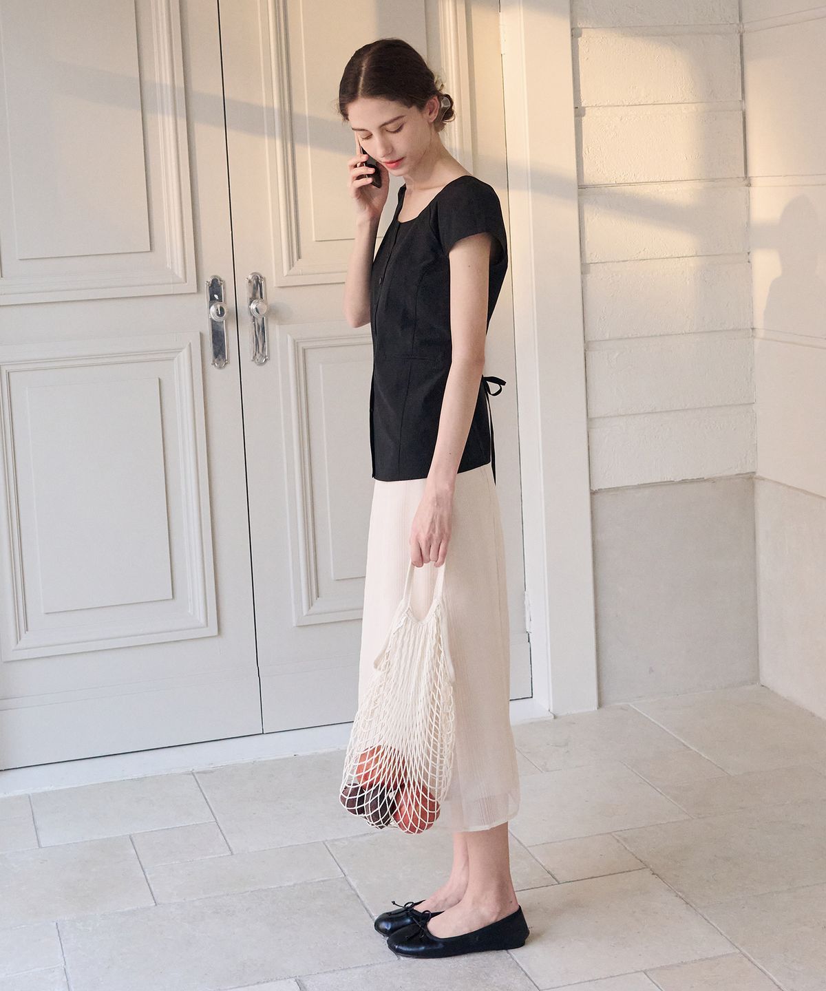 드로우핏 우먼(DRAWFIT WOMEN) 발롱 캡 슬리브 보트넥 블라우스 [BLACK]