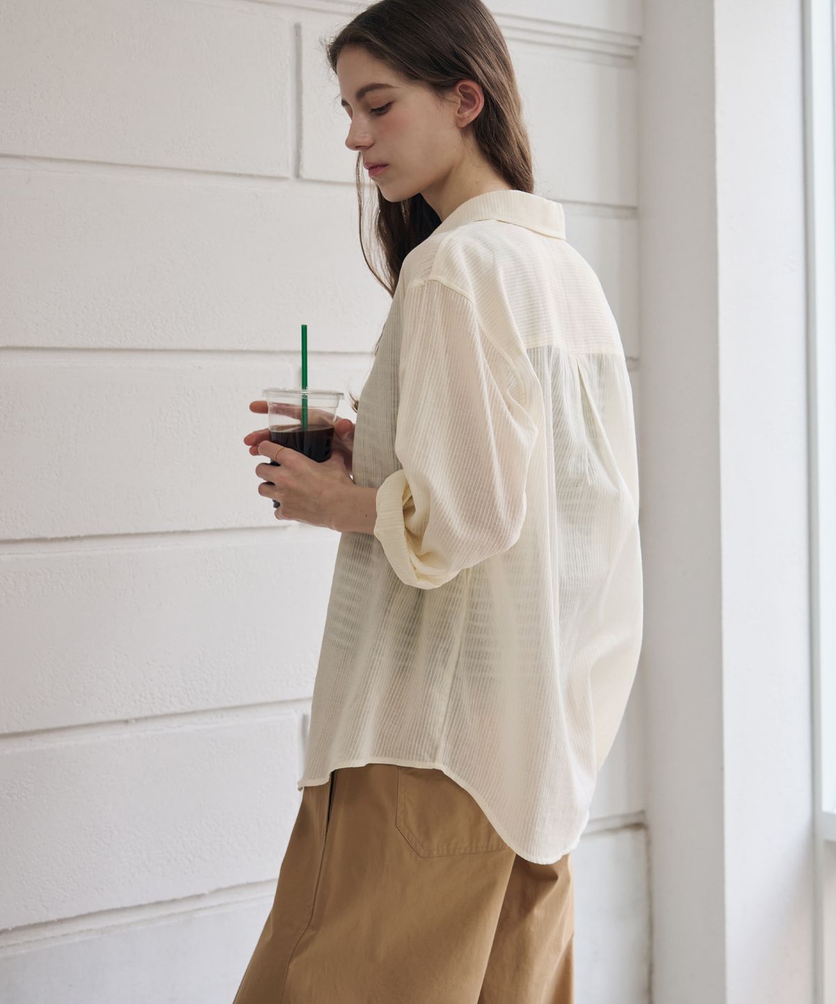 드로우핏 우먼(DRAWFIT WOMEN) 스내피 웨이퍼 코튼 셔츠 [YELLOW BEIGE]