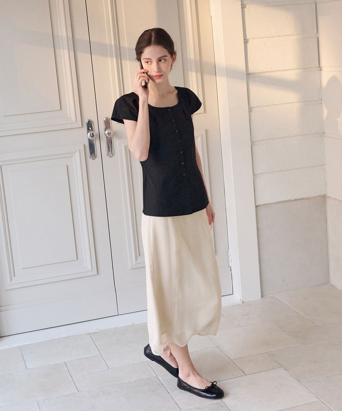 드로우핏 우먼(DRAWFIT WOMEN) 레이시 레이어드 롱 스커트 [LIGHT BEIGE]