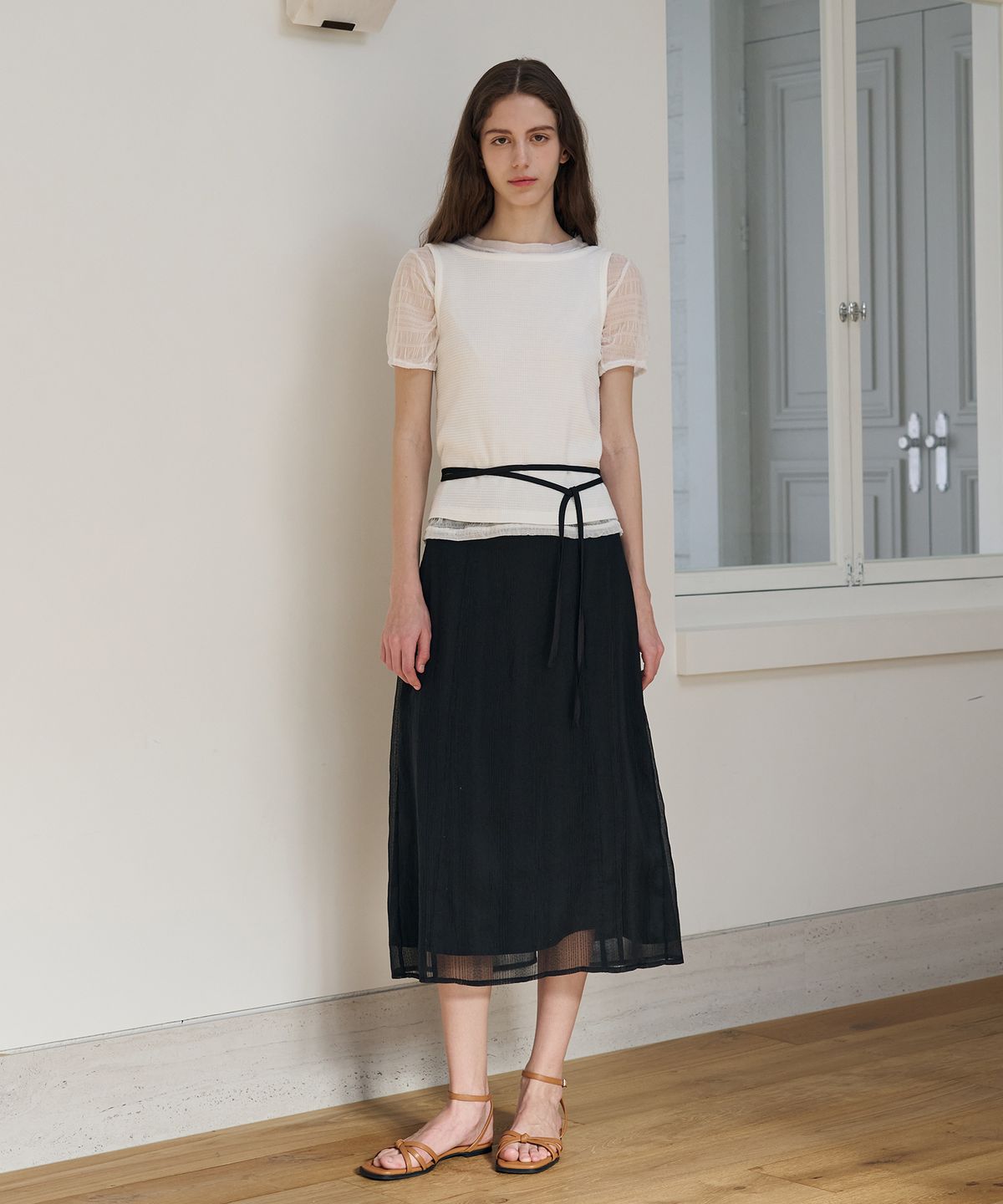 드로우핏 우먼(DRAWFIT WOMEN) 레이시 레이어드 롱 스커트 [BLACK]