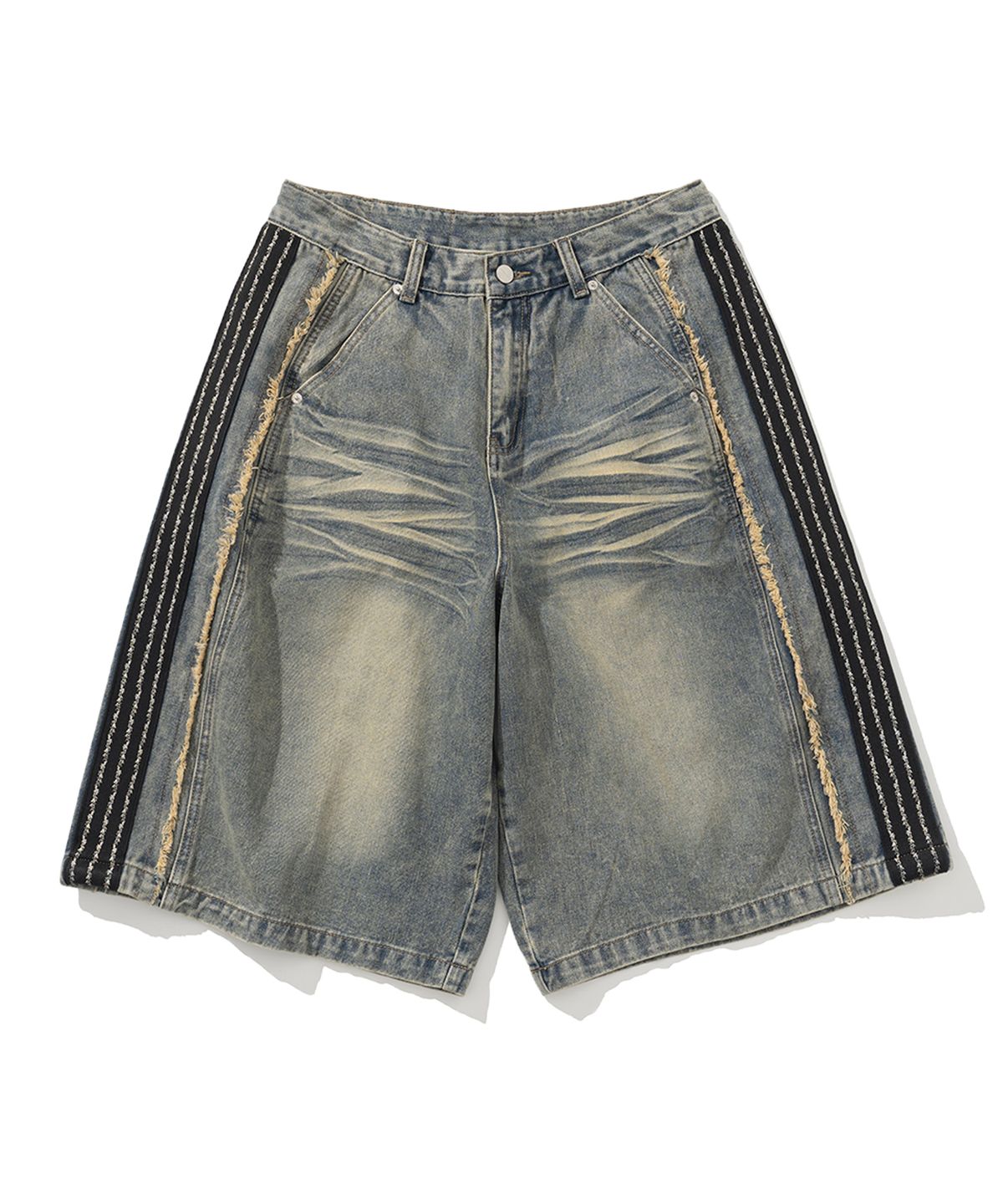 낫포너드(NOT4NERD) Thorns Side Line Cut Off Bermuda Denim Shorts - Deep Blue