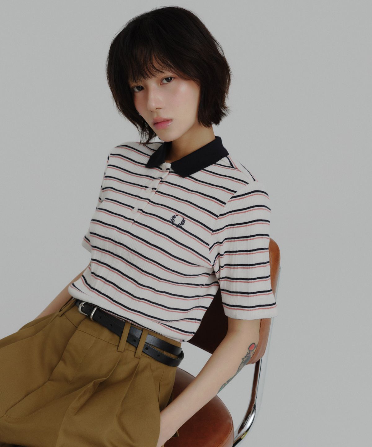 프레드페리(FRED PERRY) [Womens] 스트라이프 립 폴로 셔츠 - 실키피치 AFPF2519189-R33