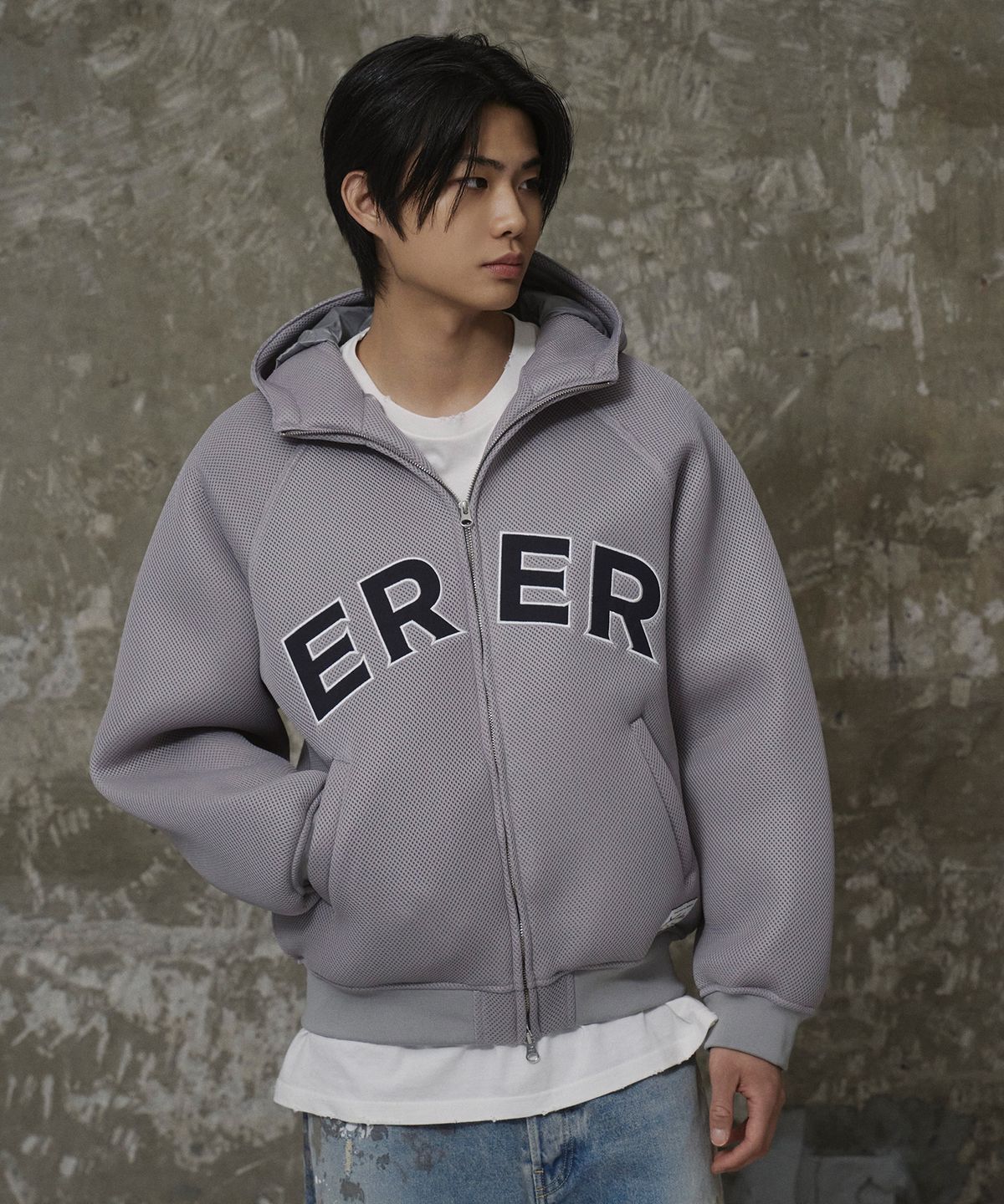에르에르(ERER) [UN] Mesh Applique Hoodie Zip-Up Gray