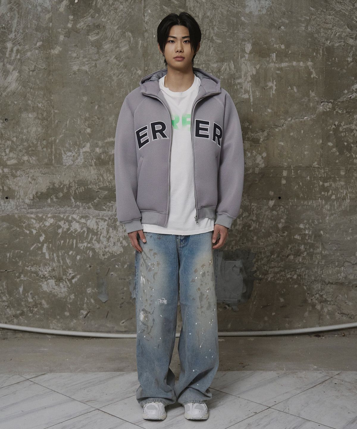 에르에르(ERER) [UN] Mesh Applique Hoodie Zip-Up Gray