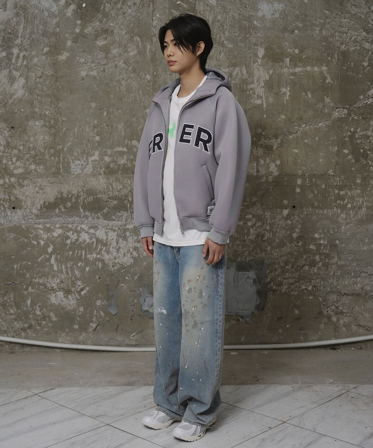 에르에르(ERER) [UN] Mesh Applique Hoodie Zip-Up Gray