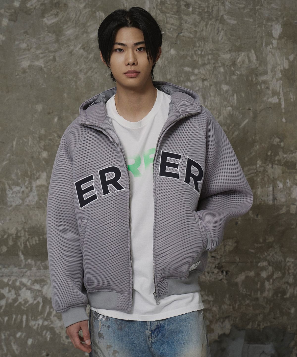 에르에르(ERER) [UN] Mesh Applique Hoodie Zip-Up Gray