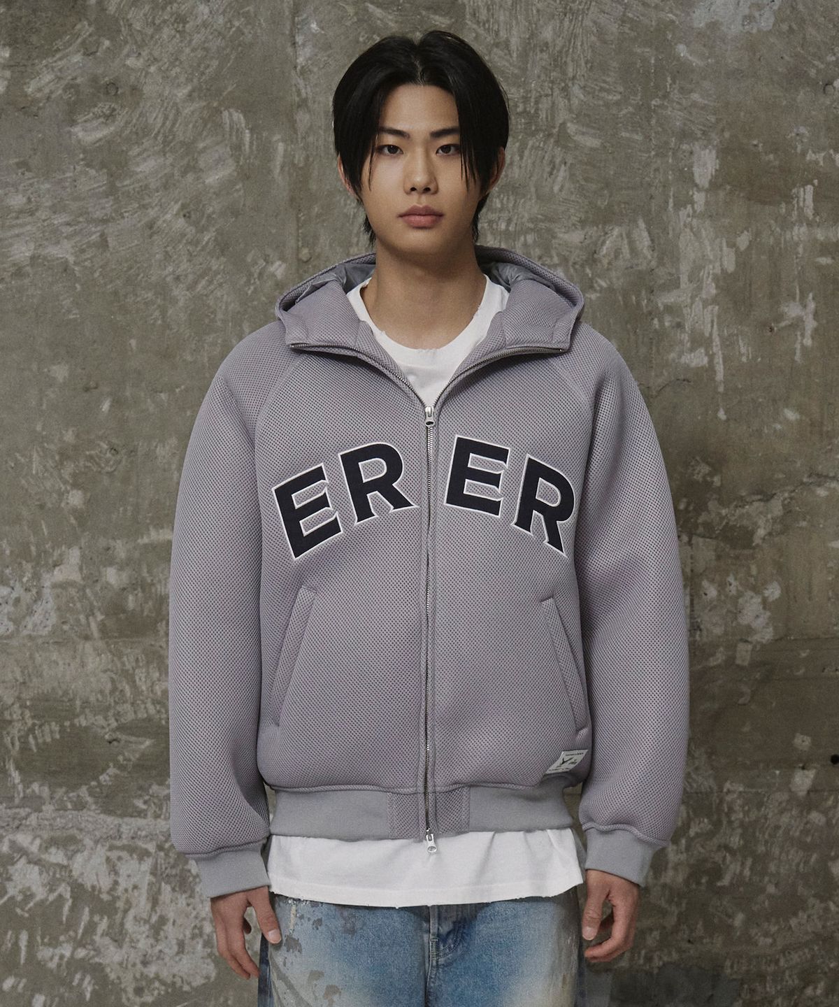 에르에르(ERER) [UN] Mesh Applique Hoodie Zip-Up Gray