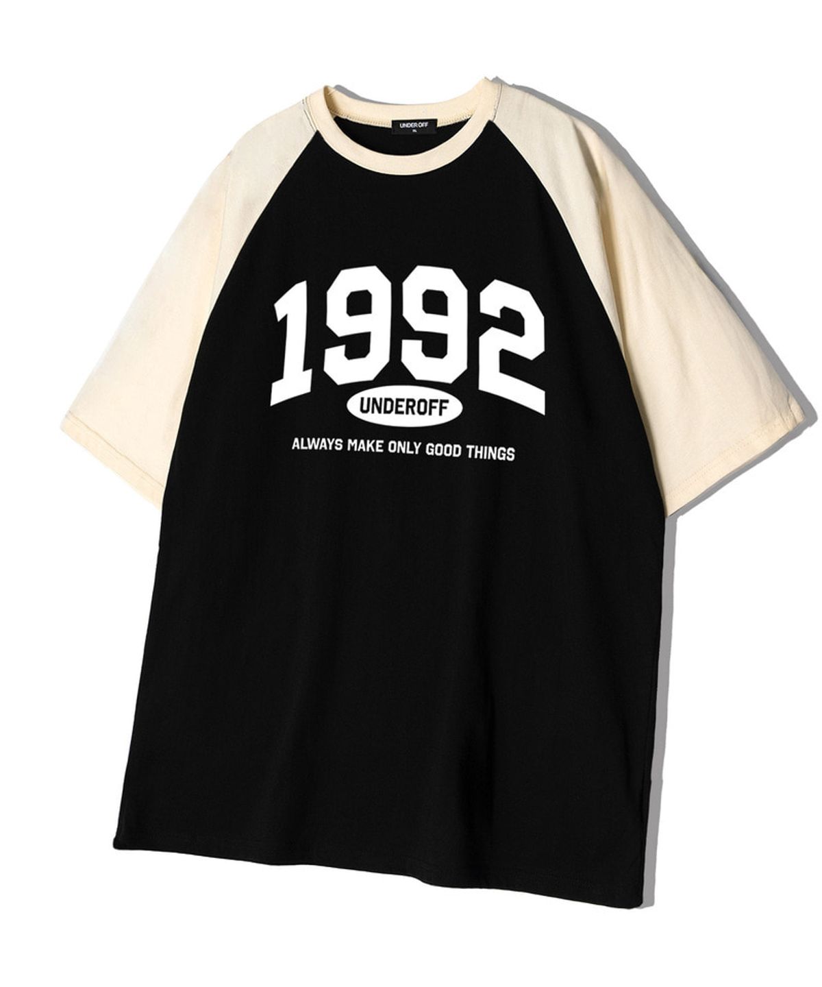 언더오프(UNDEROFF) 오버핏 래글런 반팔 티셔츠 1992아치 차콜