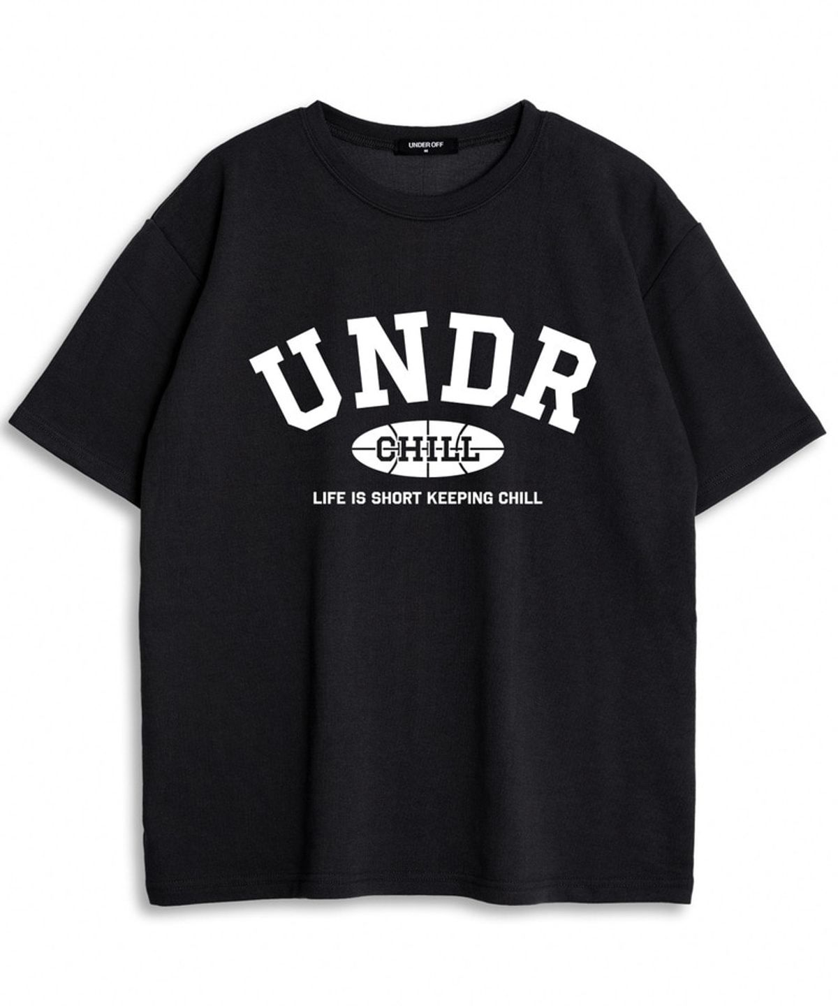 언더오프(UNDEROFF) 오버핏 크루넥 이니셜 아치 로고 반팔 티셔츠 화이트블랙