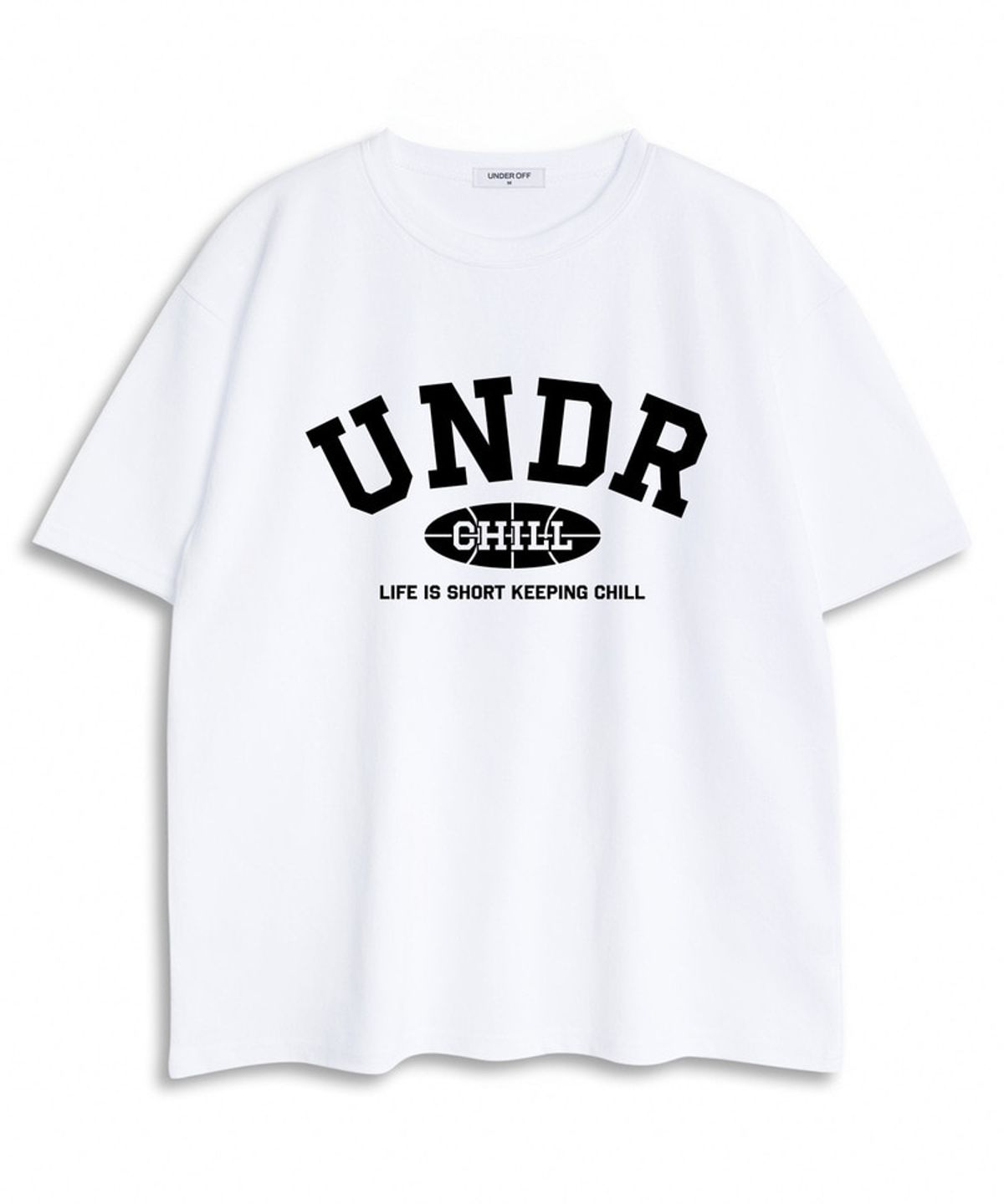 언더오프(UNDEROFF) 오버핏 크루넥 이니셜 아치 로고 반팔 티셔츠 블랙