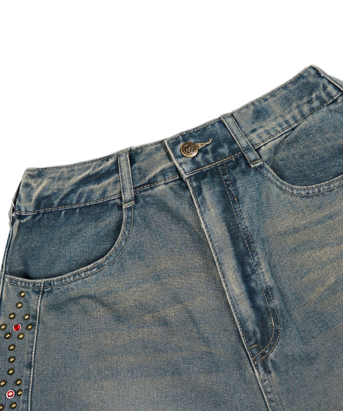 엑스톤즈(XTONZ) XP277 사이드 스터드 와이드 버뮤다 데님 팬츠 (VINTAGE BLUE)