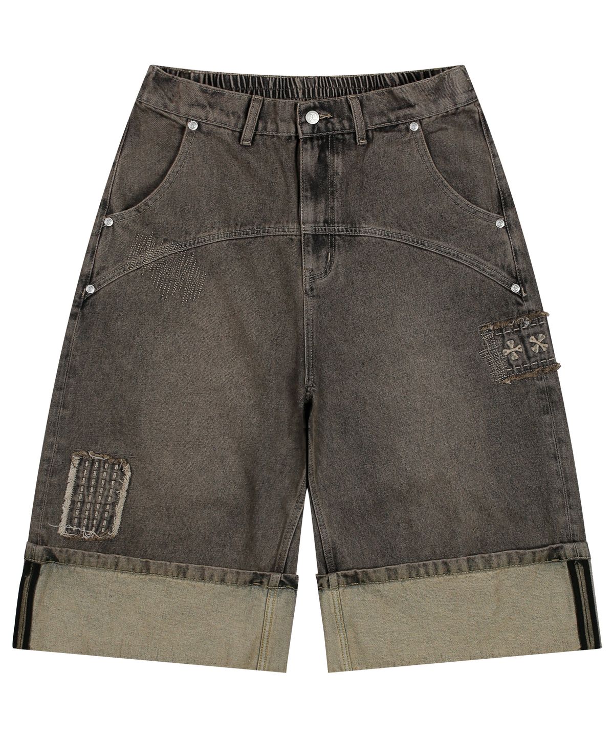 엑스톤즈(XTONZ) XP284 보로 패치워크 버뮤다 데님 팬츠 (BROWN)
