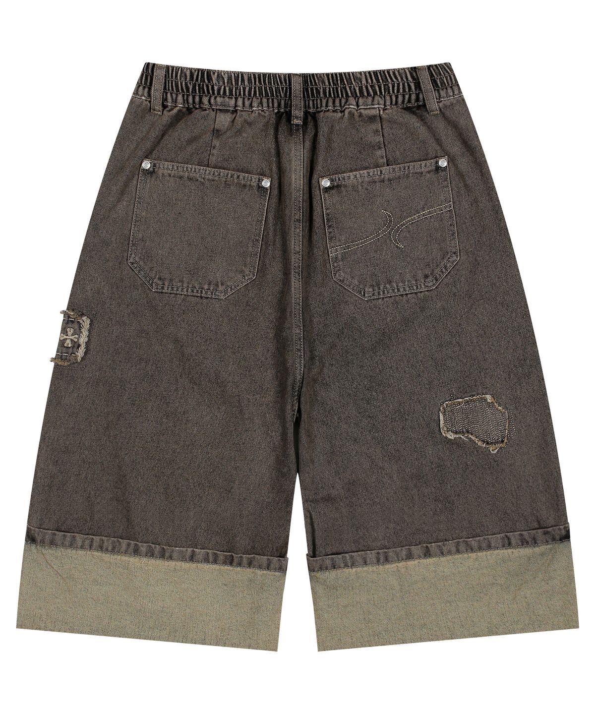 엑스톤즈(XTONZ) XP284 보로 패치워크 버뮤다 데님 팬츠 (BROWN)