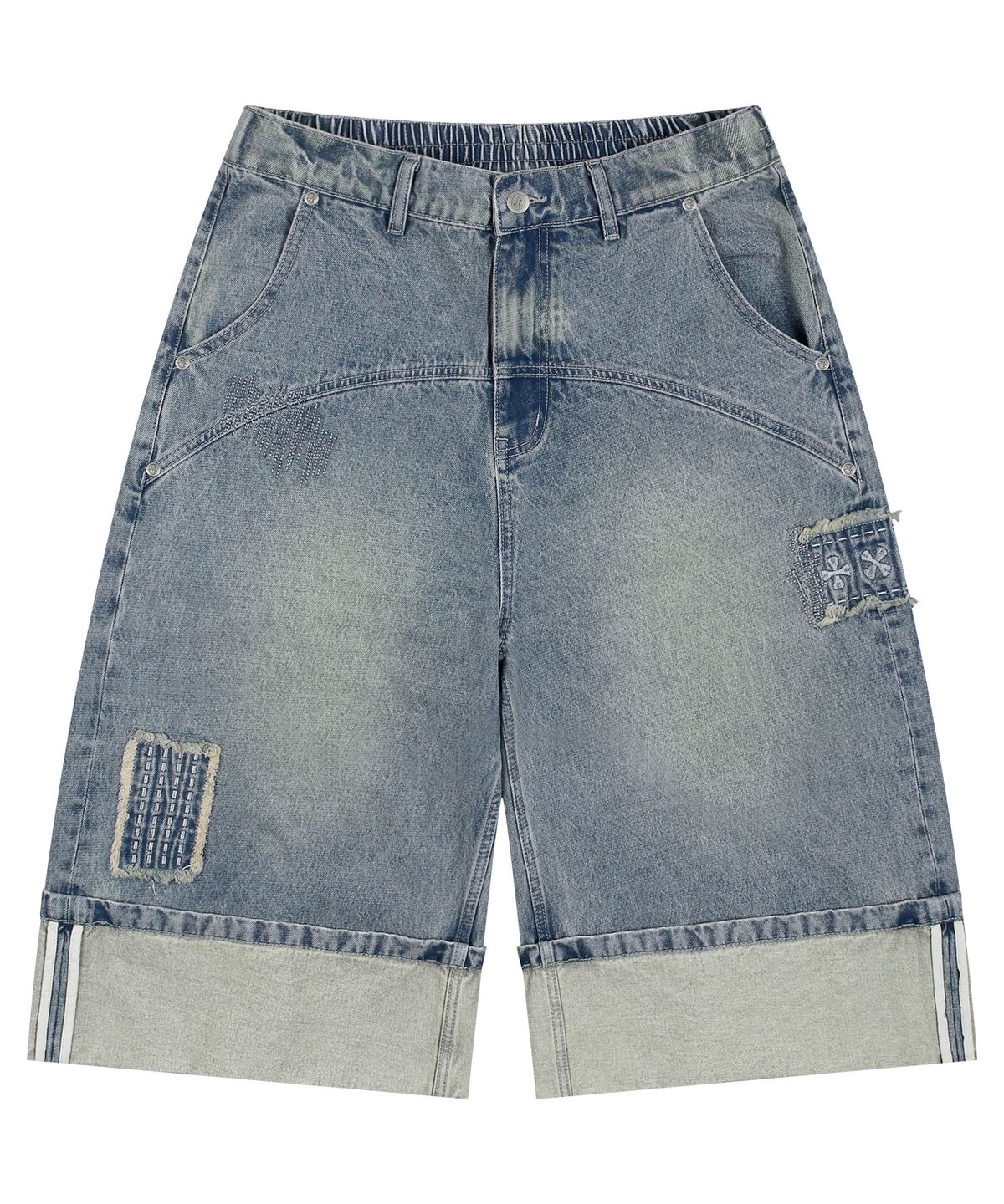 엑스톤즈(XTONZ) XP284 보로 패치워크 버뮤다 데님 팬츠 (BLUE)